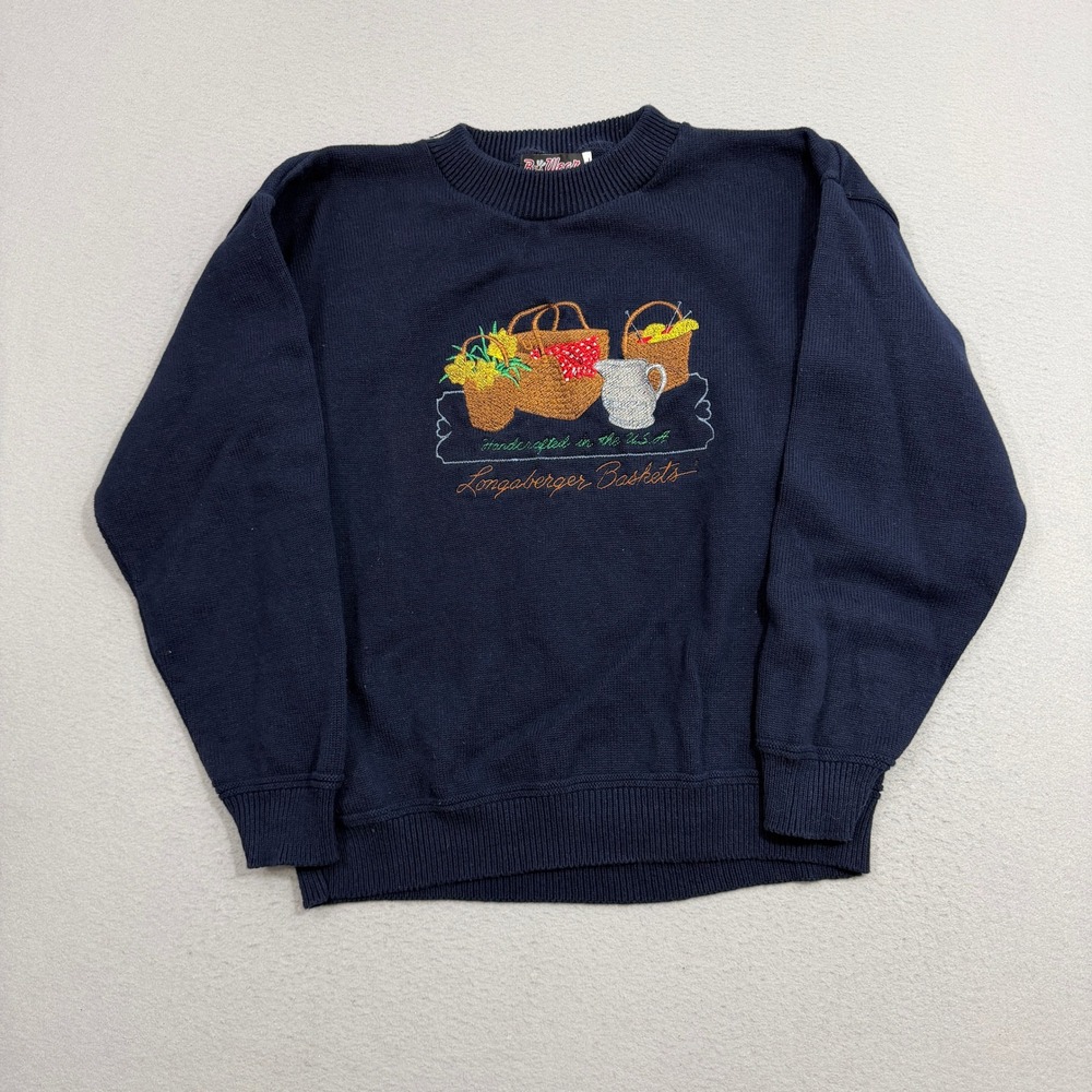 Vintage Longaberger Baskets Sweater Women Large Blue Embroidered Crewneck Cotton